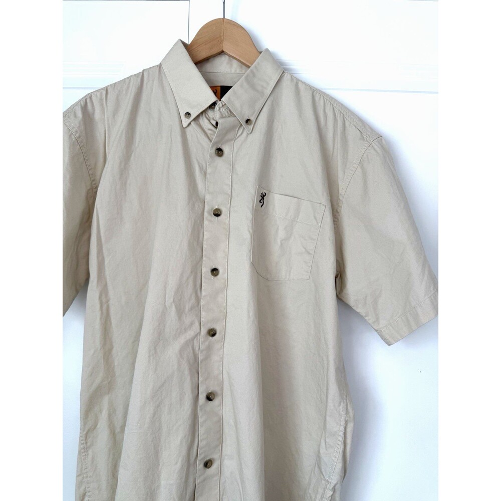 Browning Button Down Shirt Mens Large Cream Tan Short Sleeve Cotton Logo Pocket